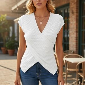 White Textured Asymmetrical Vneck Top